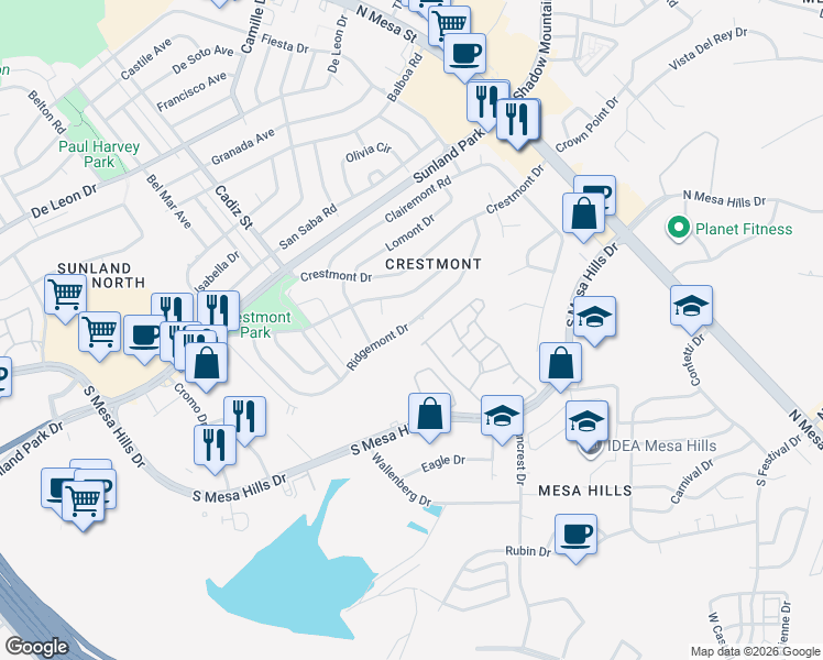 map of restaurants, bars, coffee shops, grocery stores, and more near 360 Ridgemont Drive in El Paso