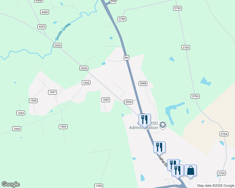 map of restaurants, bars, coffee shops, grocery stores, and more near 365 Farm to Market Road 2026 in Center