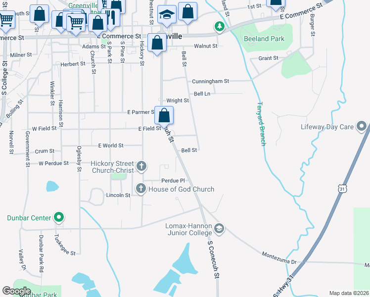 map of restaurants, bars, coffee shops, grocery stores, and more near 411 Bell Street in Greenville