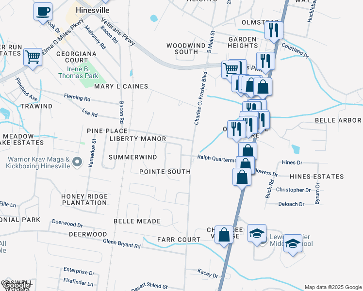 map of restaurants, bars, coffee shops, grocery stores, and more near 124 Point South Drive in Hinesville