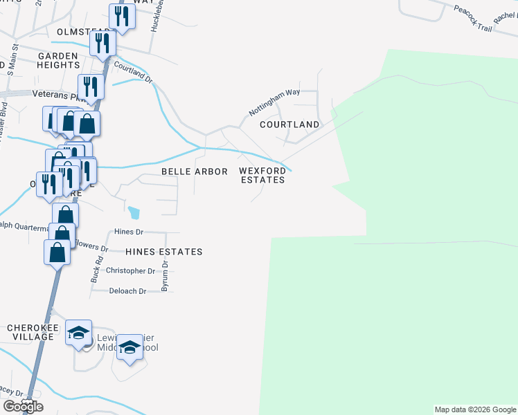 map of restaurants, bars, coffee shops, grocery stores, and more near 335 Wexford Drive in Hinesville