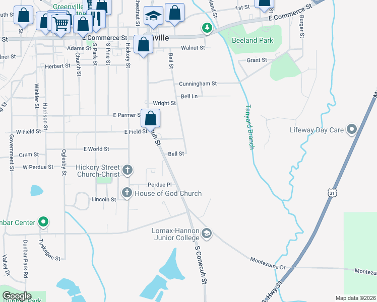 map of restaurants, bars, coffee shops, grocery stores, and more near 411 Bell Street in Greenville