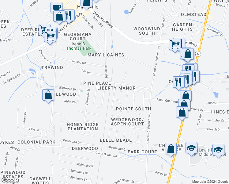 map of restaurants, bars, coffee shops, grocery stores, and more near 905 Brett Drive in Hinesville