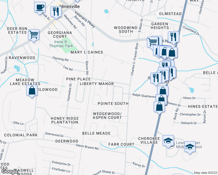 map of restaurants, bars, coffee shops, grocery stores, and more near 905 Berkshire Terrace in Hinesville