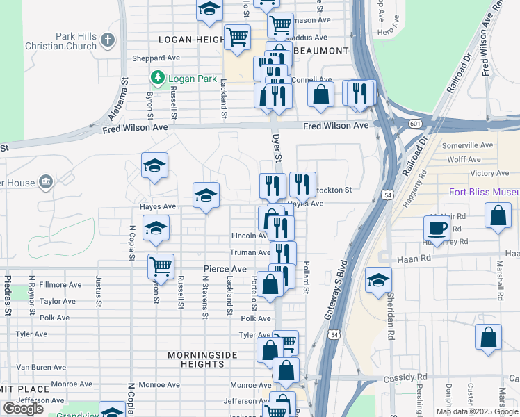 map of restaurants, bars, coffee shops, grocery stores, and more near 3906 Hayes Avenue in El Paso