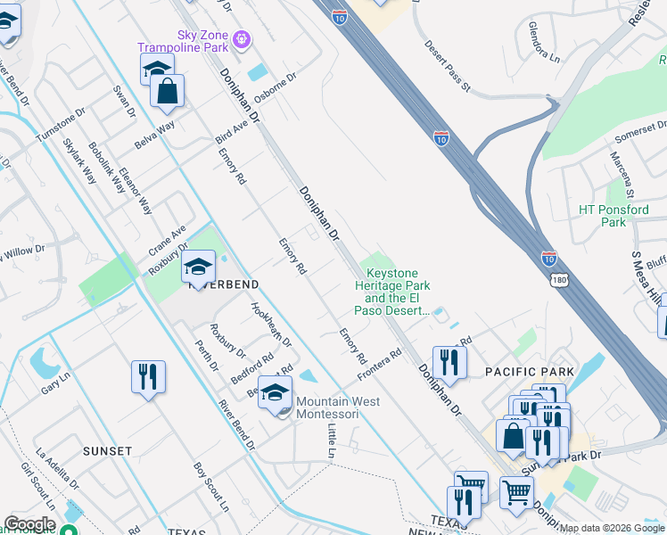 map of restaurants, bars, coffee shops, grocery stores, and more near 100 Hazel Court in El Paso