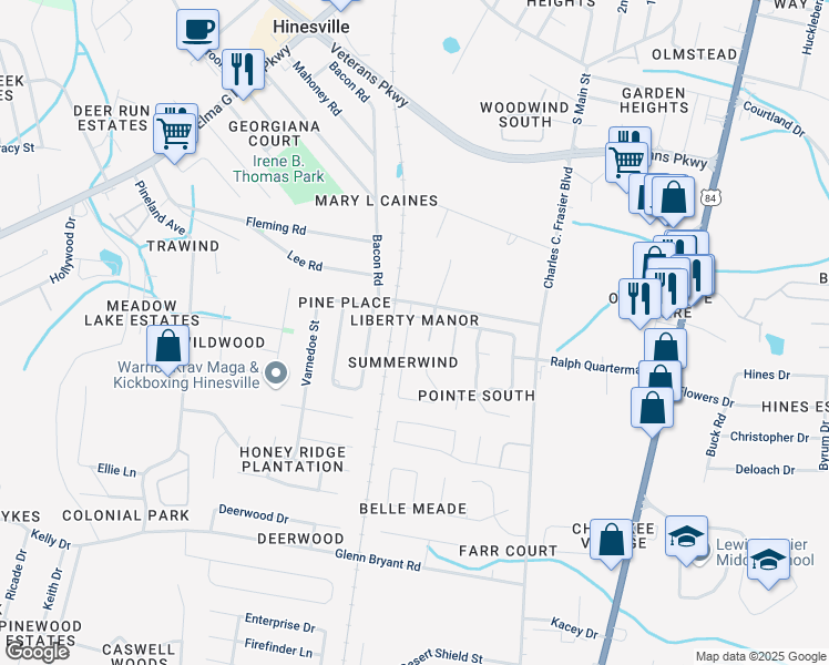 map of restaurants, bars, coffee shops, grocery stores, and more near 904 Brett Drive in Hinesville