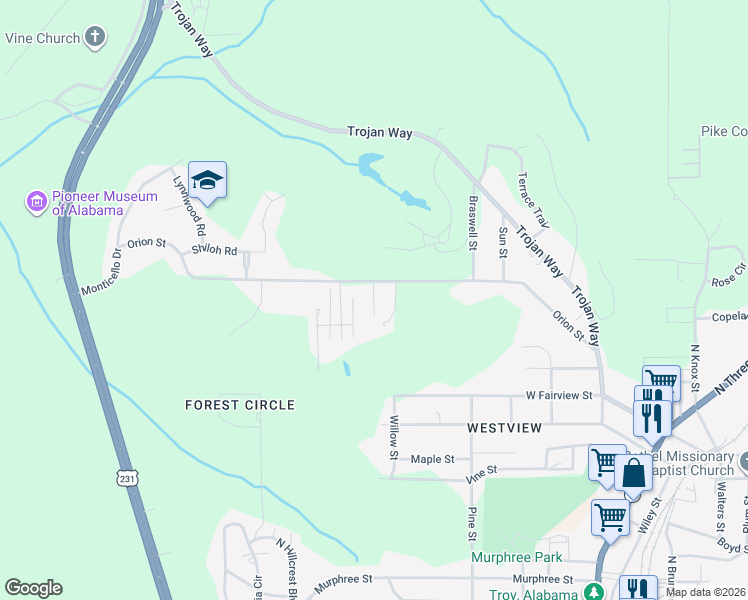 map of restaurants, bars, coffee shops, grocery stores, and more near 1128 Willow Street in Troy