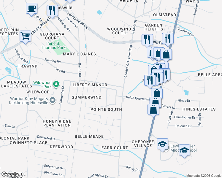 map of restaurants, bars, coffee shops, grocery stores, and more near 99 Pointe South Drive in Hinesville