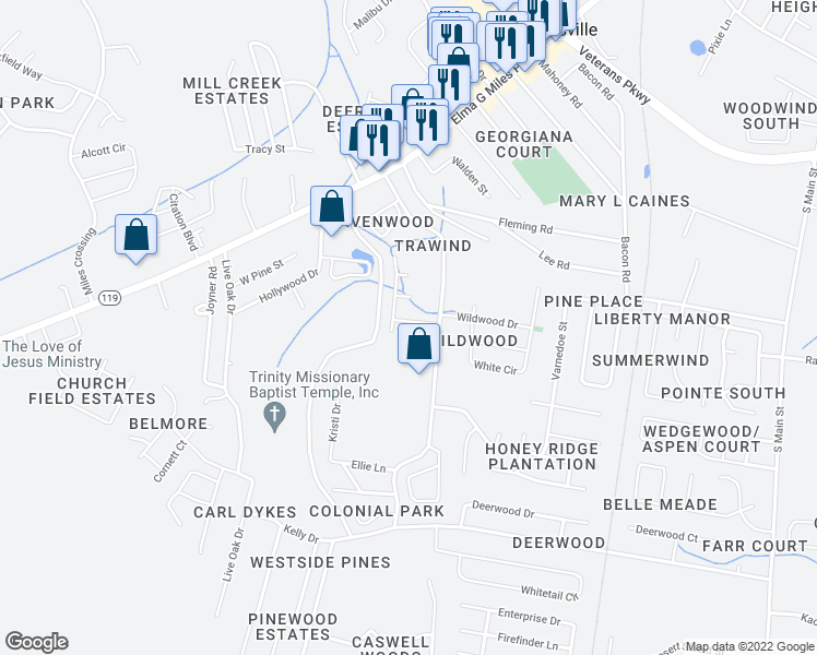map of restaurants, bars, coffee shops, grocery stores, and more near 808 Meadow Lake Drive in Hinesville