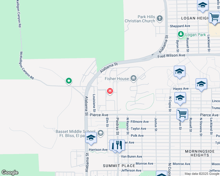 map of restaurants, bars, coffee shops, grocery stores, and more near 5005 North Piedras Street in El Paso