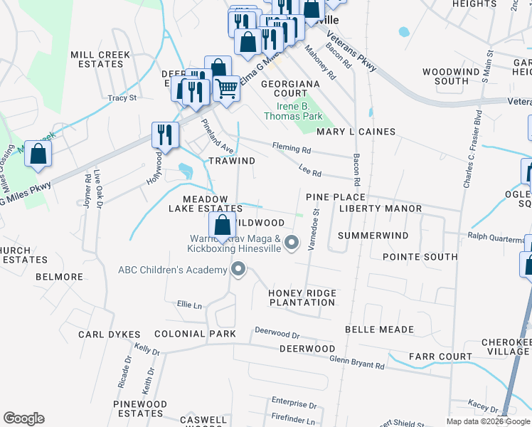 map of restaurants, bars, coffee shops, grocery stores, and more near 794 Peggy Sue Street in Hinesville