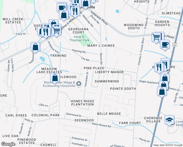 map of restaurants, bars, coffee shops, grocery stores, and more near 1052 Bacon Road in Hinesville