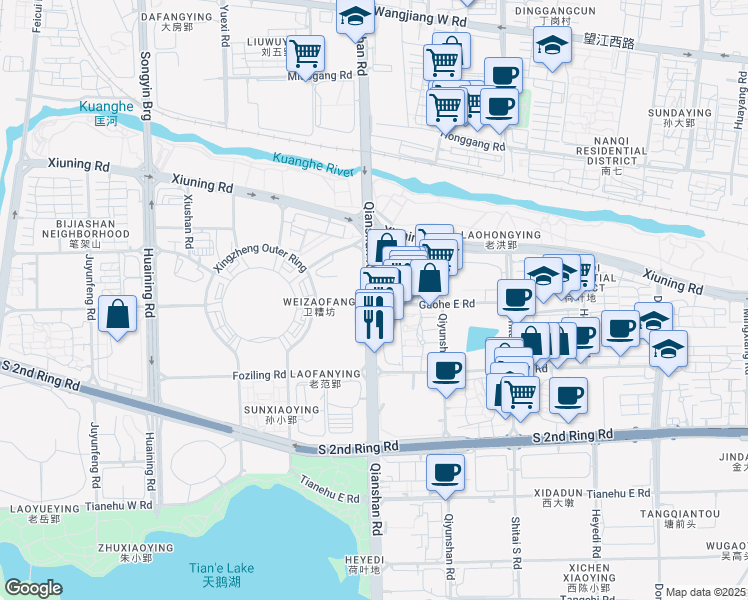 map of restaurants, bars, coffee shops, grocery stores, and more near Qian Shan Lu in He Fei Shi