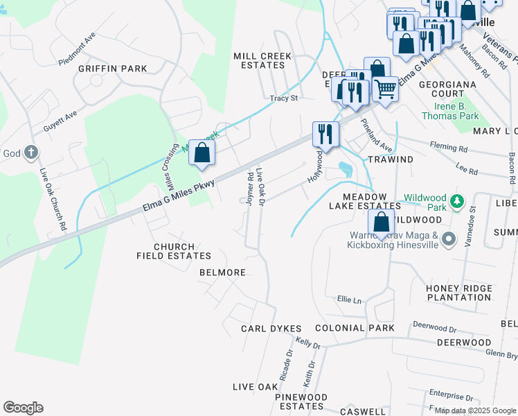 map of restaurants, bars, coffee shops, grocery stores, and more near 957 Live Oak Drive in Hinesville