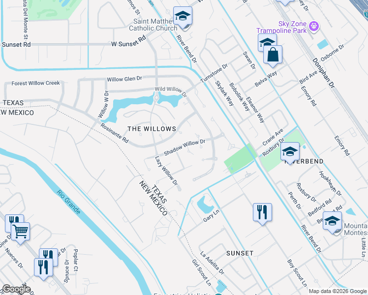 map of restaurants, bars, coffee shops, grocery stores, and more near 530 Rosinante Road in El Paso