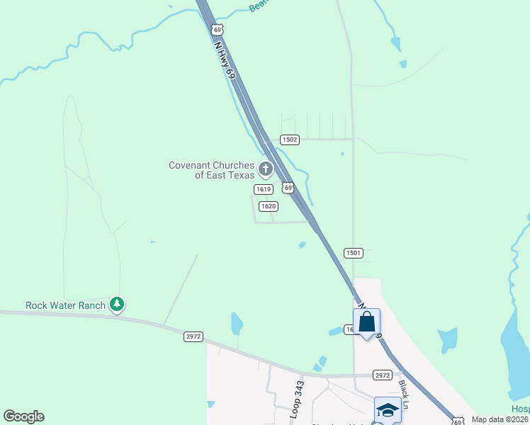 map of restaurants, bars, coffee shops, grocery stores, and more near 400 County Road 1619 in Rusk