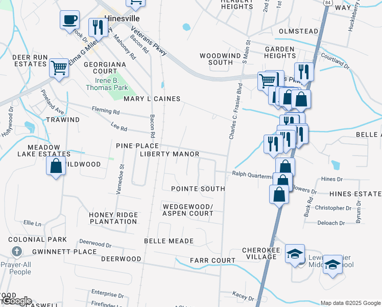 map of restaurants, bars, coffee shops, grocery stores, and more near 144 Eunice Road in Hinesville