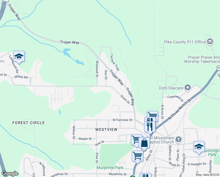 map of restaurants, bars, coffee shops, grocery stores, and more near 405 Orion Street in Troy