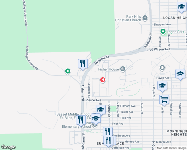 map of restaurants, bars, coffee shops, grocery stores, and more near 4812 Holmes Ginn Circle in El Paso