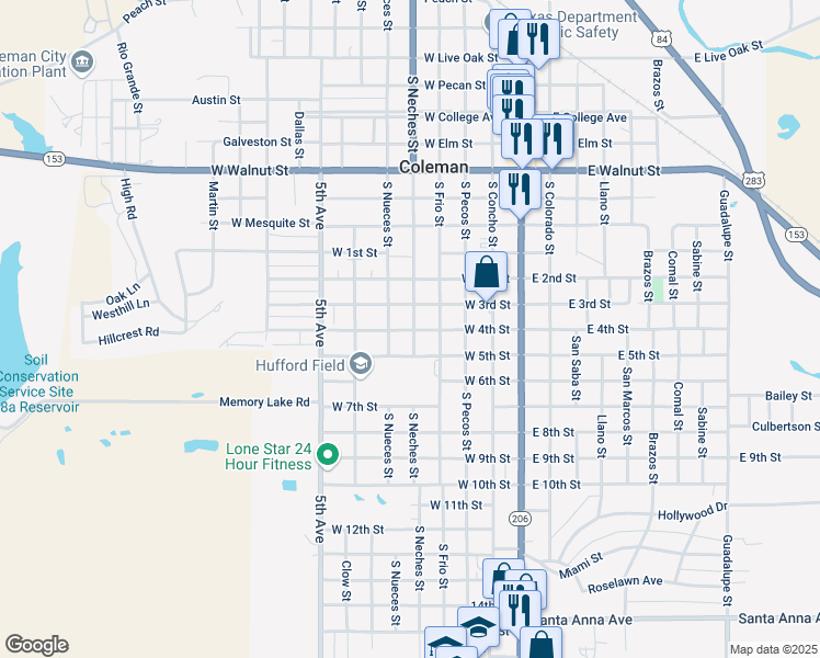 map of restaurants, bars, coffee shops, grocery stores, and more near 1002 South Neches Street in Coleman