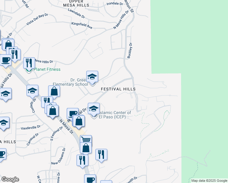 map of restaurants, bars, coffee shops, grocery stores, and more near 350 North Festival Drive in El Paso