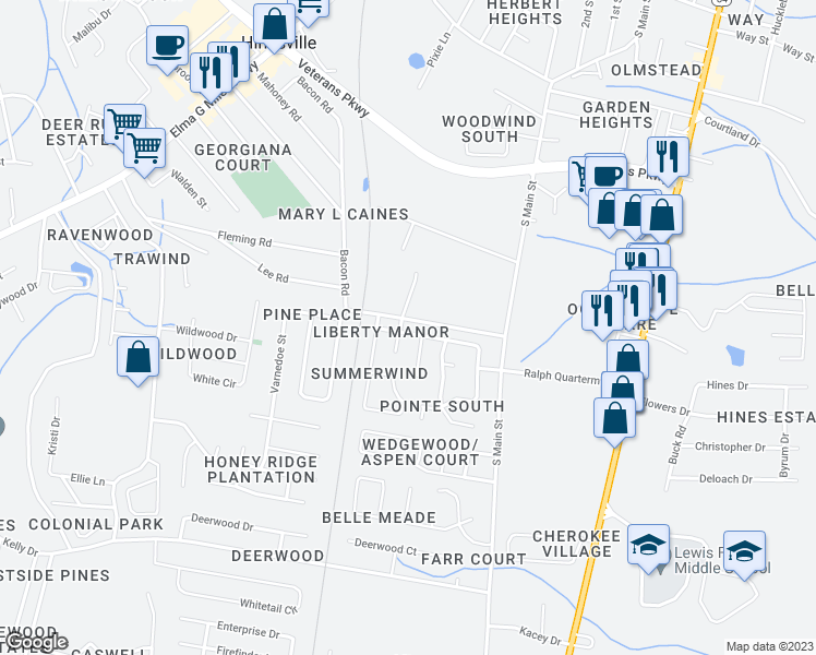 map of restaurants, bars, coffee shops, grocery stores, and more near 144 Eunice Road in Hinesville
