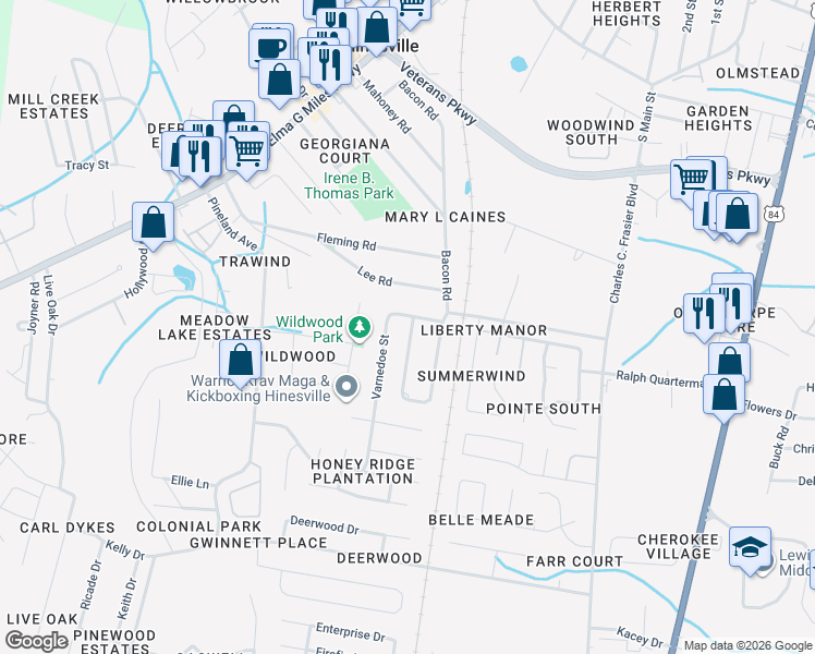 map of restaurants, bars, coffee shops, grocery stores, and more near 1056 Bacon Road in Hinesville