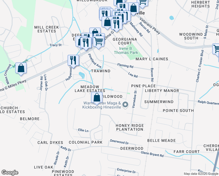 map of restaurants, bars, coffee shops, grocery stores, and more near 802 Wildwood Drive in Hinesville