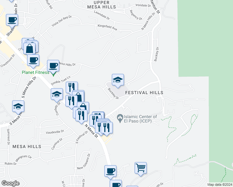 map of restaurants, bars, coffee shops, grocery stores, and more near 5430 Buckley Drive in El Paso