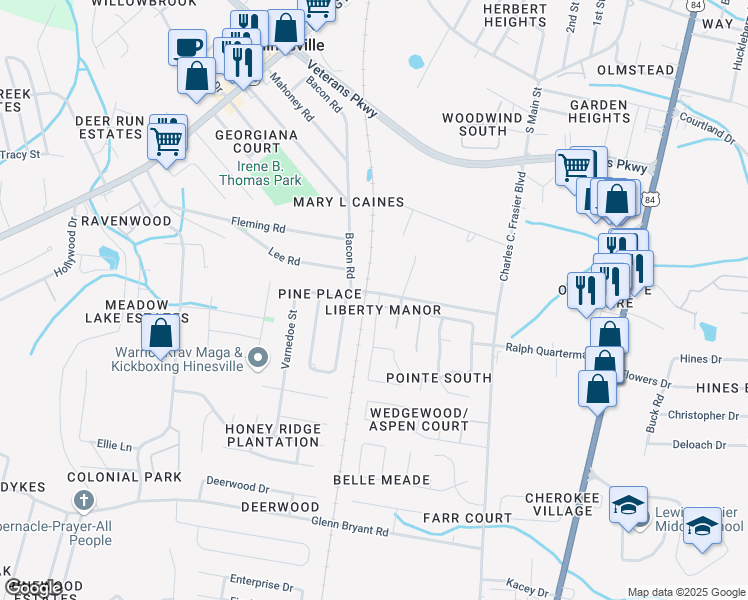 map of restaurants, bars, coffee shops, grocery stores, and more near 901 Brett Drive in Hinesville