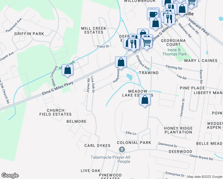 map of restaurants, bars, coffee shops, grocery stores, and more near 944 Hollywood Drive in Hinesville