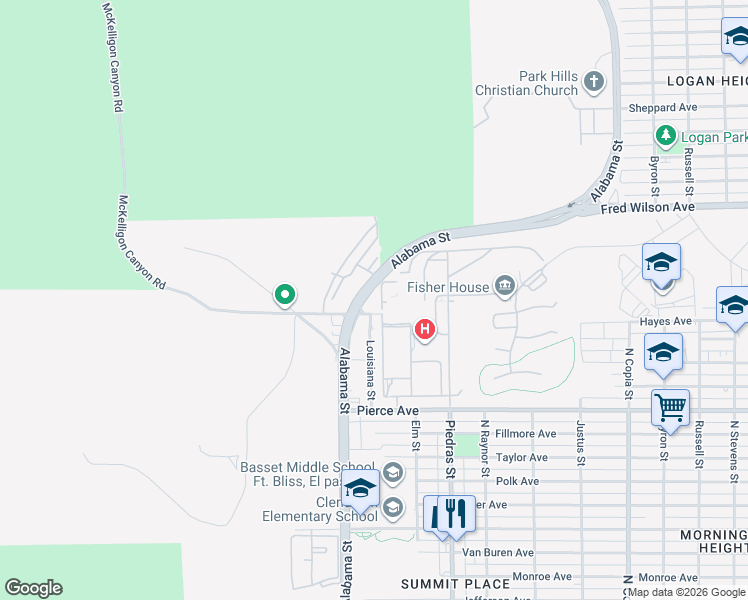 map of restaurants, bars, coffee shops, grocery stores, and more near 5005 Piedras Street in El Paso