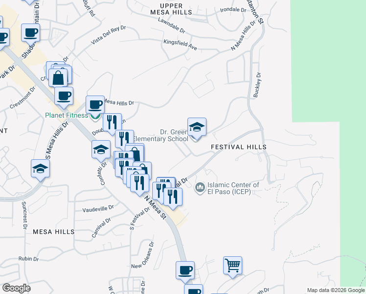 map of restaurants, bars, coffee shops, grocery stores, and more near 5432 Cactus Hill Drive in El Paso