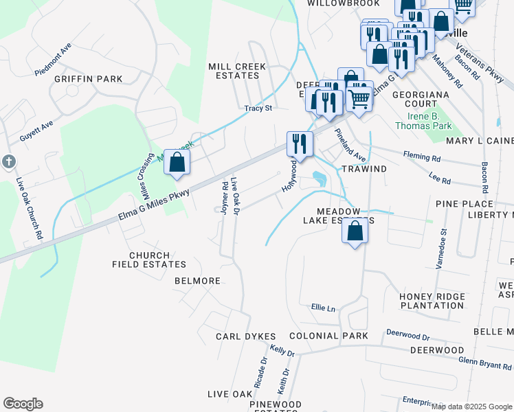 map of restaurants, bars, coffee shops, grocery stores, and more near 954 Hollywood Drive in Hinesville