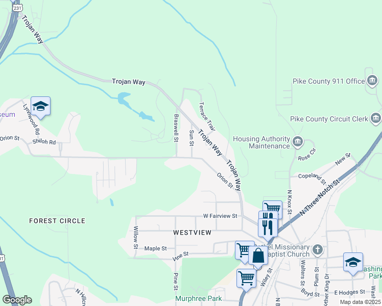 map of restaurants, bars, coffee shops, grocery stores, and more near 405 Orion Street in Troy