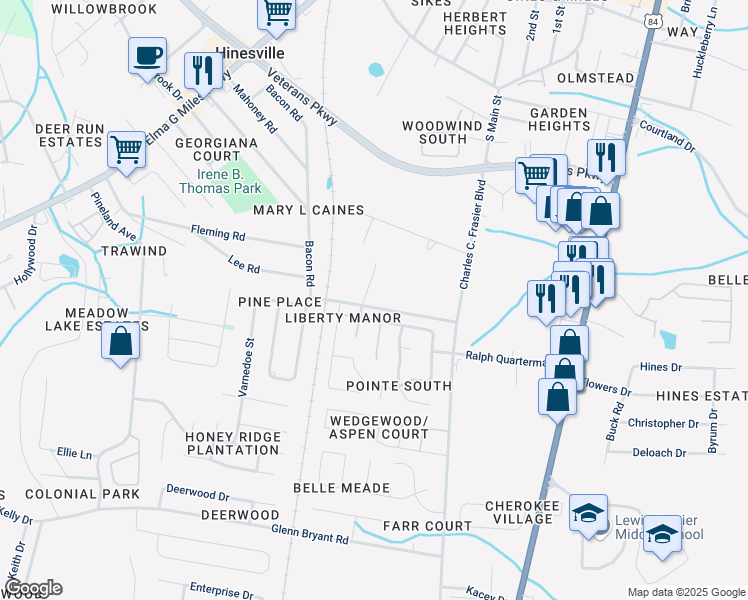 map of restaurants, bars, coffee shops, grocery stores, and more near 144 Eunice Road in Hinesville