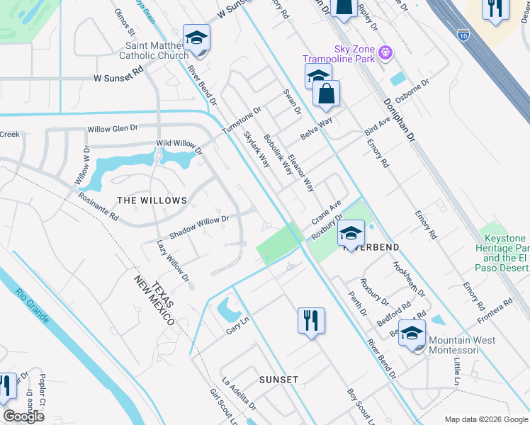 map of restaurants, bars, coffee shops, grocery stores, and more near 4480 Honey Willow Way in El Paso