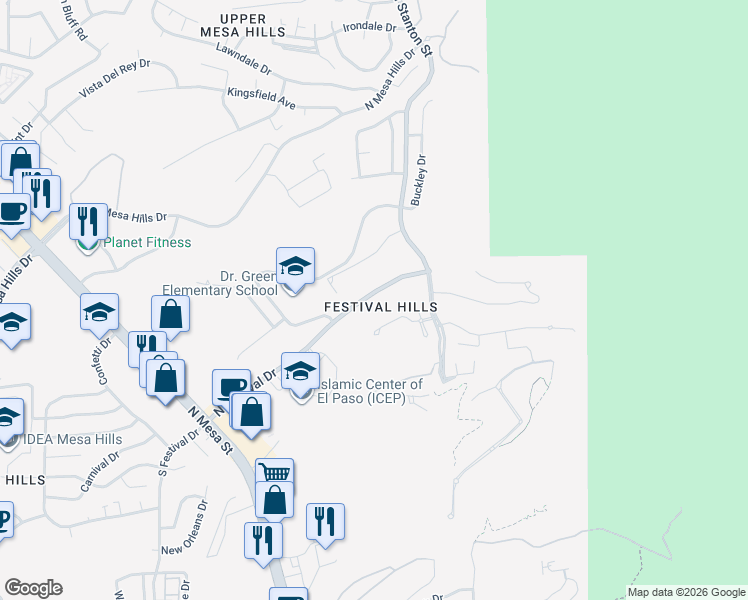map of restaurants, bars, coffee shops, grocery stores, and more near 350 North Festival Drive in El Paso