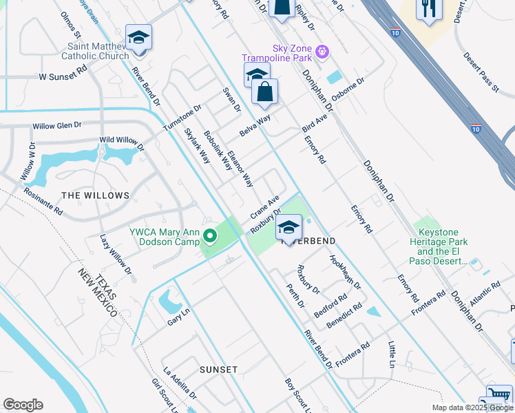 map of restaurants, bars, coffee shops, grocery stores, and more near 409 Crane Avenue in El Paso