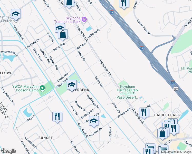 map of restaurants, bars, coffee shops, grocery stores, and more near Emory Road in El Paso
