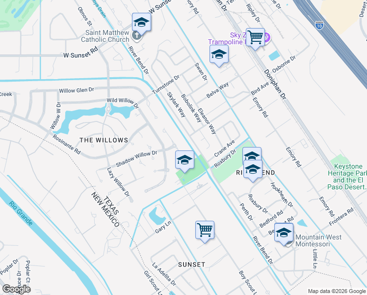 map of restaurants, bars, coffee shops, grocery stores, and more near 4480 Honey Willow Way in El Paso