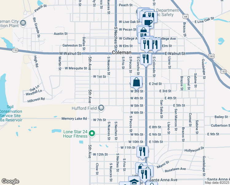 map of restaurants, bars, coffee shops, grocery stores, and more near 1002 South Neches Street in Coleman