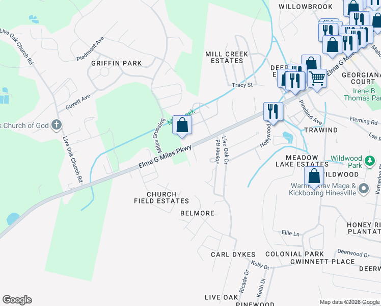 map of restaurants, bars, coffee shops, grocery stores, and more near 1146 Elma G Miles Parkway in Hinesville