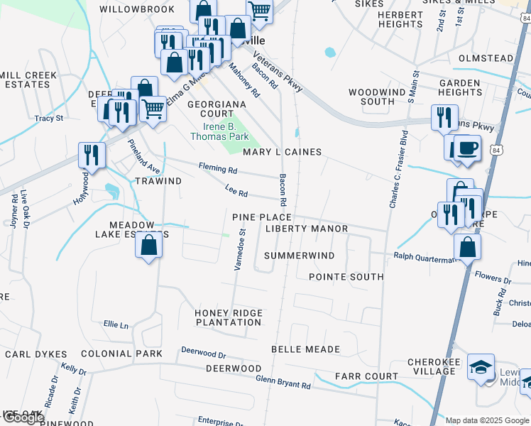 map of restaurants, bars, coffee shops, grocery stores, and more near 624 Varnedoe Street in Hinesville