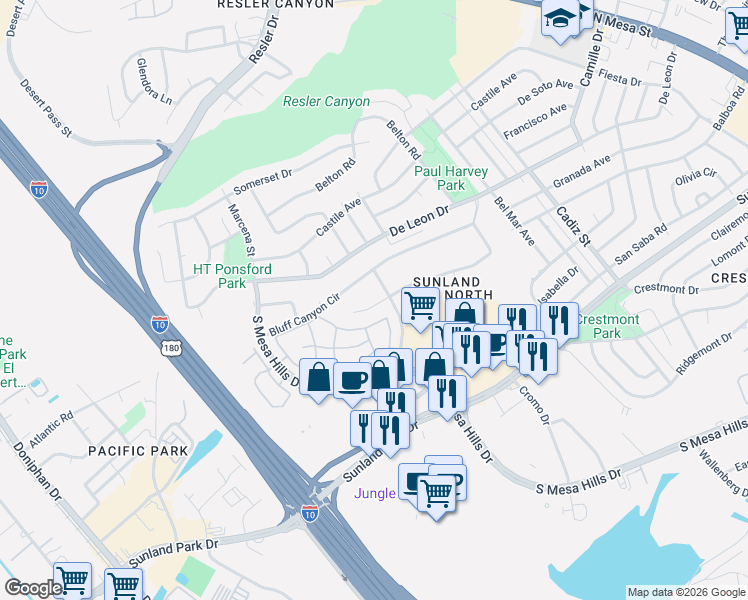 map of restaurants, bars, coffee shops, grocery stores, and more near 578 Bluff Canyon Circle in El Paso