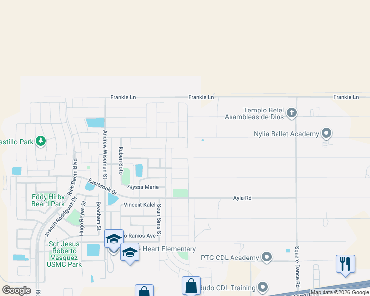 map of restaurants, bars, coffee shops, grocery stores, and more near 13101 Boots Green Road in El Paso