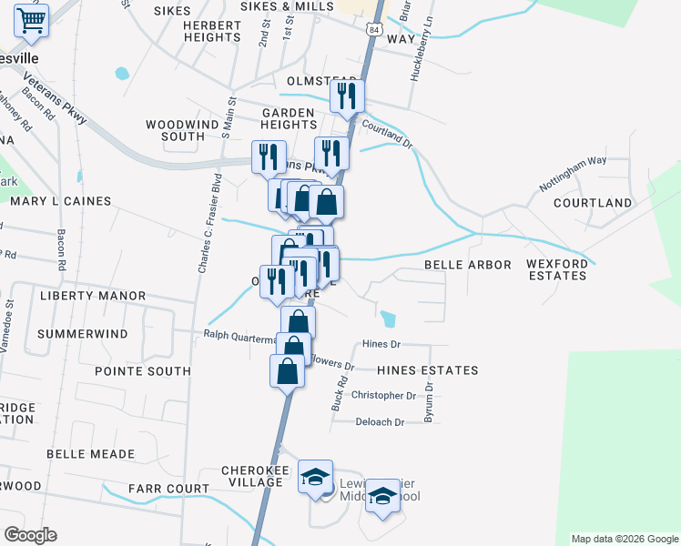 map of restaurants, bars, coffee shops, grocery stores, and more near 324 Brantley Drive in Hinesville