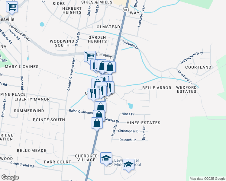 map of restaurants, bars, coffee shops, grocery stores, and more near 325 Brantley Drive in Hinesville