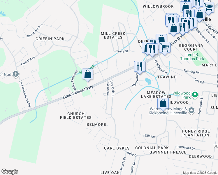 map of restaurants, bars, coffee shops, grocery stores, and more near 62 Joyner Road in Hinesville